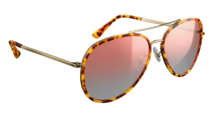 Tortoiseshell aviator sunglasses with gradient pink lenses, summer fashion accessory for sun protection on transparent background