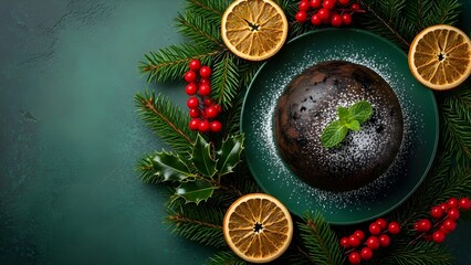 Festive christmas pudding on green plate with evergreen branches orange slices and red berries for holiday season