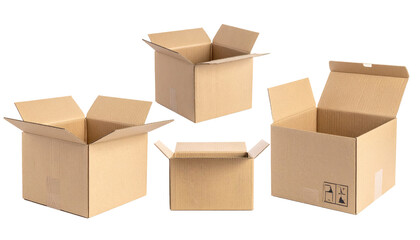Fototapeta premium Four empty, open, brown corrugated cardboard boxes set against a black background