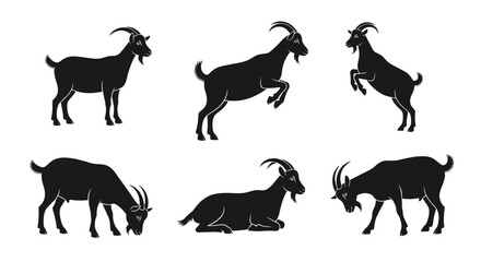 Collection of Black Goat Silhouettes in Various Poses.