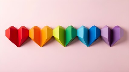 Colorful hearts arranged in a row on a pink background symbolizing love diversity and pride month celebrations with origami art