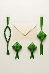 Obraz premium Flat Lay Composition of Eid al-Fitr Essentials: Green Ketupat Decorations, Green Prayer Beads (Tasbih), and a Cream Envelope for Greetings or Gift Vouchers