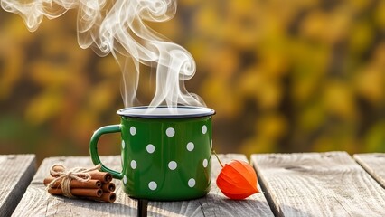 Rustic green mug with steaming hot drink on weathered wood surface with autumnal background and cinnamon sticks