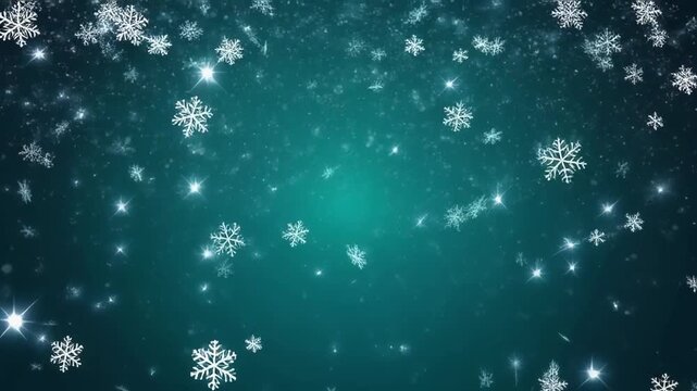 Abstract illustration of falling snowflakes and shimmering stars on a deep turquoise background