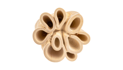 Carved wooden object of repeating teardrop shapes, revealing layered wood interior, against a dark background