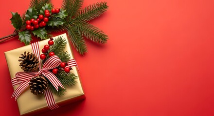 A beautifully wrapped Christmas gift box in elegant gold paper sits on the left side of a vibrant red background