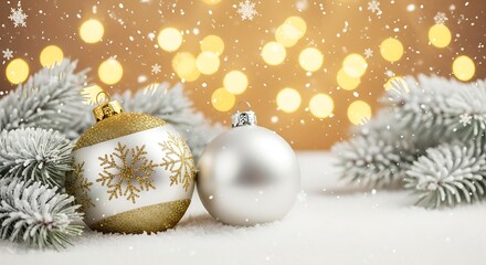 A serene winter Christmas scene featuring two elegant Christmas baubles—one adorned with glittery gold snowflake patterns and the other in smooth metallic white—resting gently on soft snow.