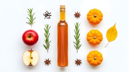 Autumnal still life with apple cider vinegar apples rosemary and small pumpkins on a white background
