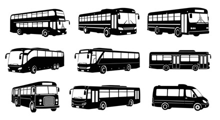 Collection of various bus types and designs in silhouette.