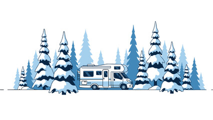 Obraz premium White campervan in snowy forest for winter travel blog and road trip vacation concept