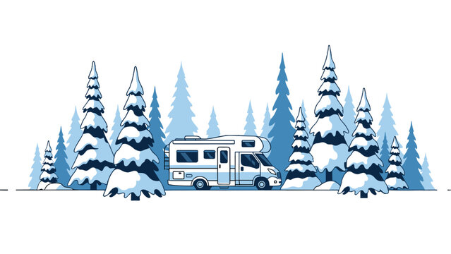 White campervan in snowy forest for winter travel blog and road trip vacation concept