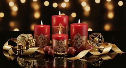 Four deep red pillar candles with metallic gold accents, arranged on a glossy table surface with elegant ornaments, shimmering gold ribbon details, and a rich bokeh background