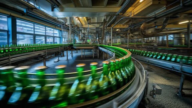 Efficient bottling line in a modern production facility, showcasing green glass bottles in motion