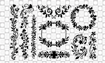 Black Floral Ornaments and Swirls on Transparent Background