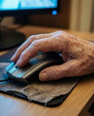 Elderly person's hand using computer mouse on a wooden desk.