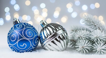 Two ornaments in shimmering royal blue and metallic silver rest atop powdery snow beside icy pine branches.