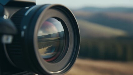 closeup deep of field on camera lens with blurred green landscape background