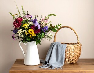 Vibrant flower arrangement in a white pitcher beside a wicker basket