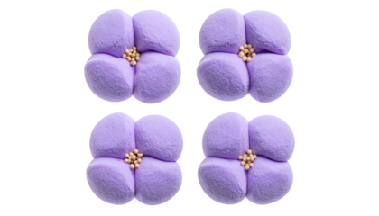 Four stylized lavender flowers with golden centers displayed on a black background, creating a simple, plush pattern