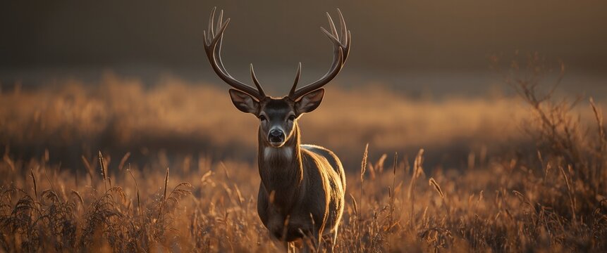 A majestic buck stands alert in a golden meadow. Evokes peace and natural beauty, ideal for wildlife conservation campaigns or serene nature themes.