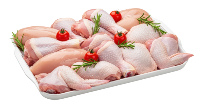 Assortment of fresh raw chicken pieces decorated with herbs and tomatoes isolated PNG with Transparent Background