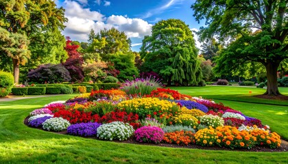 Vibrant flowerbeds in a park on a sunny day