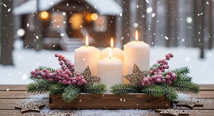 Four candles dusted with faux snow, placed on a rustic wooden tray decorated with pine branches, frosted red berries, and tiny wooden star ornaments, background featuring a snowy winter cabin