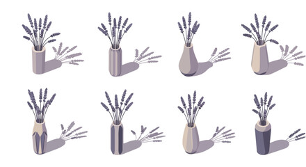 Lavender bouquets in vases with shadows