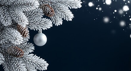 A snowy outdoor-style composition featuring pine branches dusted with white frost, natural pinecones, and a silver ornament, with a dark midnight sky background