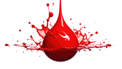 Vibrant red liquid droplet splashes, forming an abstract form against a contrasting stark black background