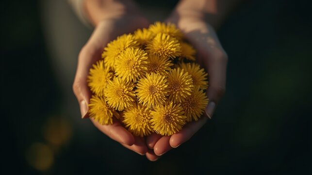 Hands holding a bunch of bright yellow dandelions in a close up shot - Powered by Adobe