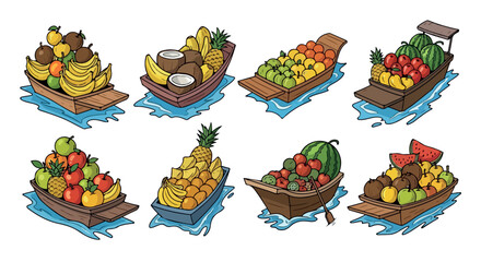 Fruit boats floating on water colorful summer scene