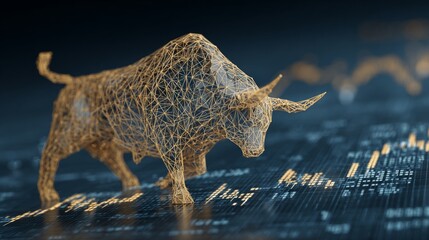 Obraz premium Future technology in global finance innovation in stock market automation with a cyber wireframe bull