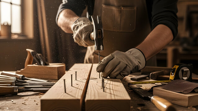 Craftsman working with a hammer and wood at a construction workshop
