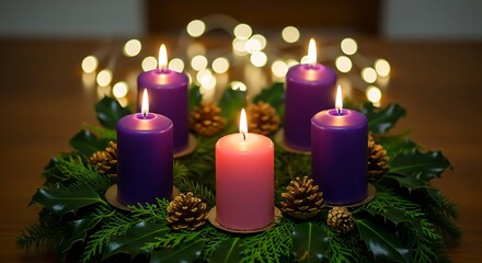 Four Advent candles in traditional colors—three purple and one pink—arranged on a wreath of holly, evergreen sprigs, and golden pinecones