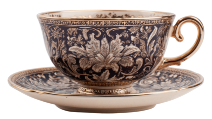 Ornate teacup and saucer set, vintage porcelain with intricate gold floral pattern, antique tea crockery with transparent background