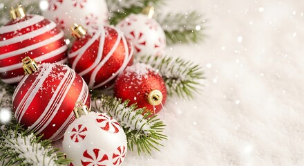 Festive baubles in bright red with candy cane stripes and matte white with subtle peppermint patterns lie nestled in fluffy snow