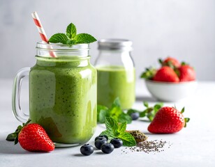 Vibrant green smoothie in mason jar, garnished with fresh mint