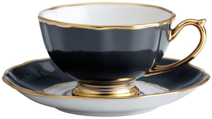 Elegant porcelain teacup and saucer set, black with luxurious gold trim, representing vintage tea time and high society