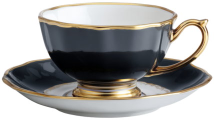 Elegant porcelain teacup and saucer set, black with luxurious gold trim, representing vintage tea time and high society
