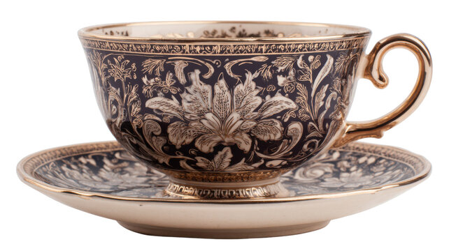 Ornate teacup and saucer set, vintage porcelain with intricate gold floral pattern, antique tea crockery with transparent background