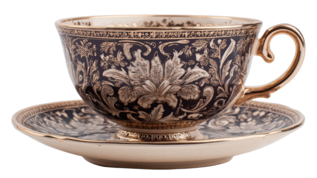 Ornate teacup and saucer set, vintage porcelain with intricate gold floral pattern, antique tea crockery with transparent background - Powered by Adobe