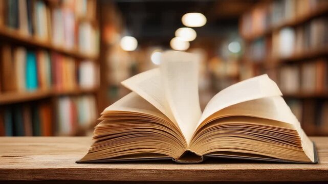 Open book on wooden table in cozy library with blurred shelves in background