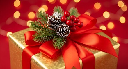 A close-up shot of the gold-wrapped Christmas present showing detailed textures of the ribbon, frosted pine cones, and vibrant red berries on top.