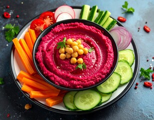 Vibrant hummus platter with colorful vegetables