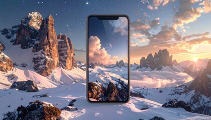 Phone displays snow landscape