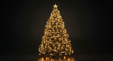 A lush Christmas tree decorated with bright golden lights stands against a matte black background