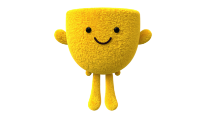 Cheerful, fuzzy yellow character with stubby arms and legs on a black background, radiating simple joy