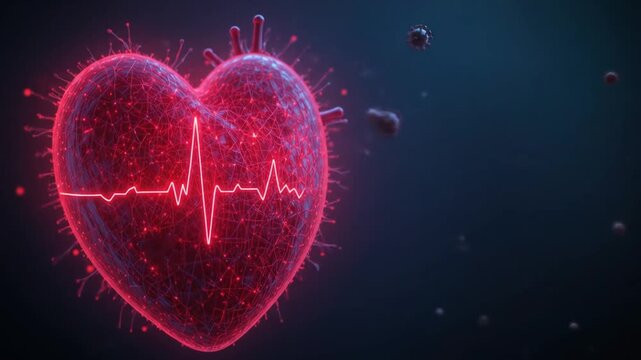 Red Heart Animation with ECG Lines Pulsating in the Dark. 4k video