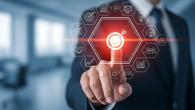 Businessman touches futuristic digital interface with glowing icons - Powered by Adobe